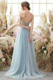 BMbride Elegant A-line Blue V-neck Spaghetti Straps Split Front Beading Prom Dress BMbride