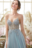 BMbride Elegant A-line Blue V-neck Spaghetti Straps Split Front Beading Prom Dress BMbride