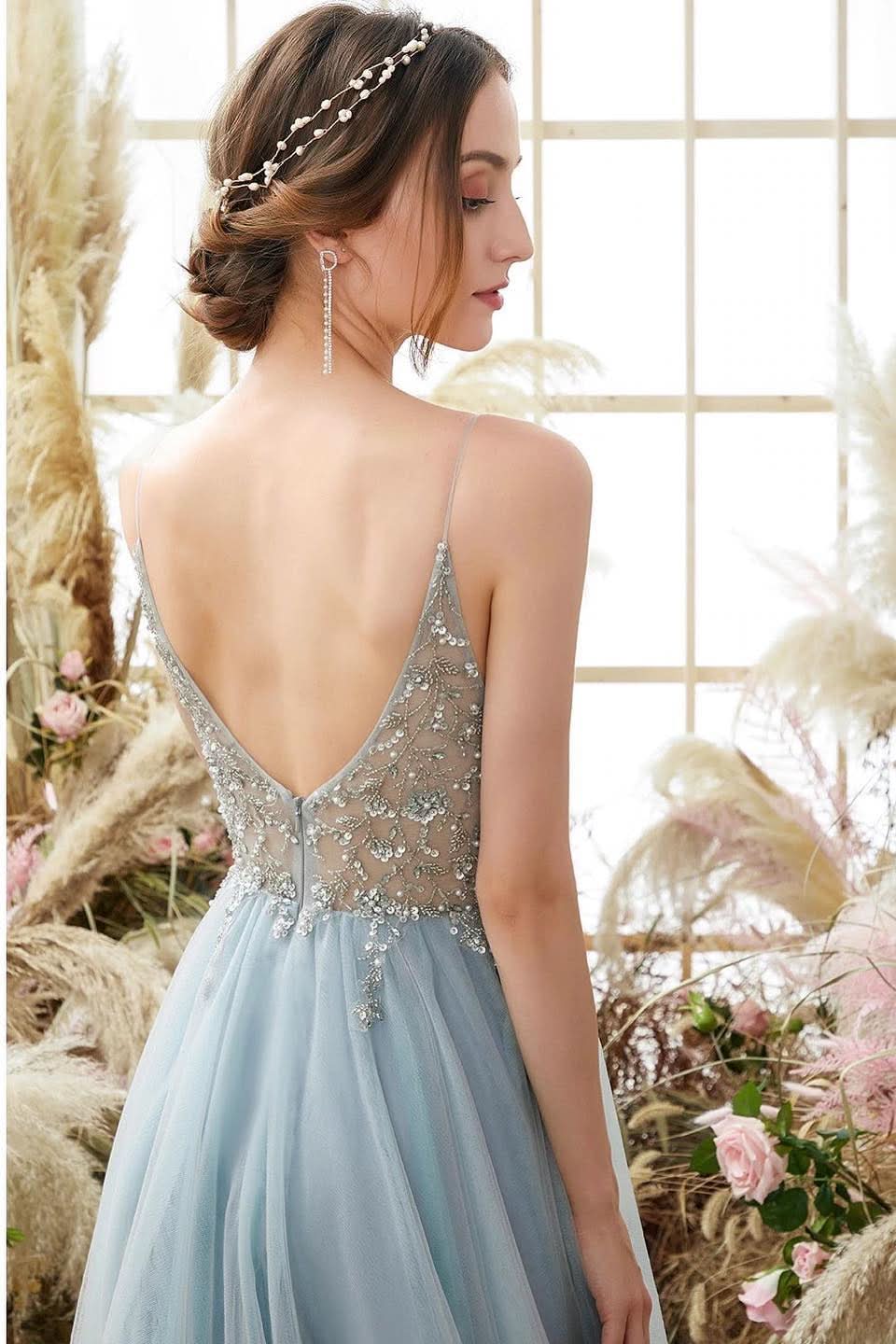 BMbride Elegant A-line Blue V-neck Spaghetti Straps Split Front Beading Prom Dress BMbride