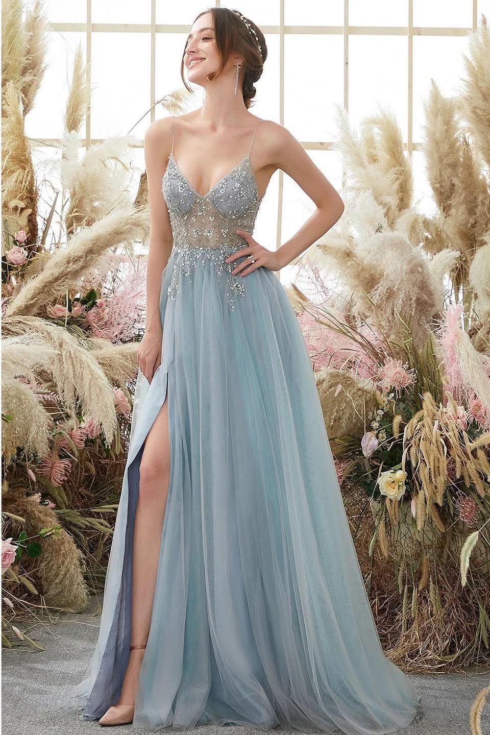 BMbride Elegant A-line Blue V-neck Spaghetti Straps Split Front Beading Prom Dress BMbride