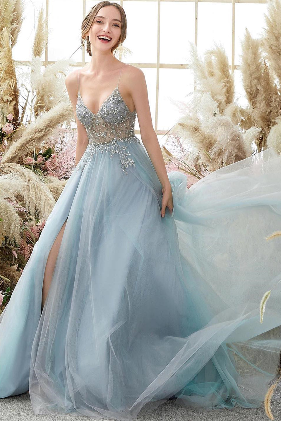 BMbride Elegant A-line Blue V-neck Spaghetti Straps Split Front Beading Prom Dress BMbride