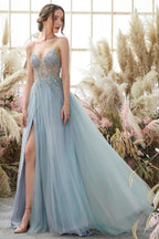 BMbride Elegant A-line Blue V-neck Spaghetti Straps Split Front Beading Prom Dress BMbride