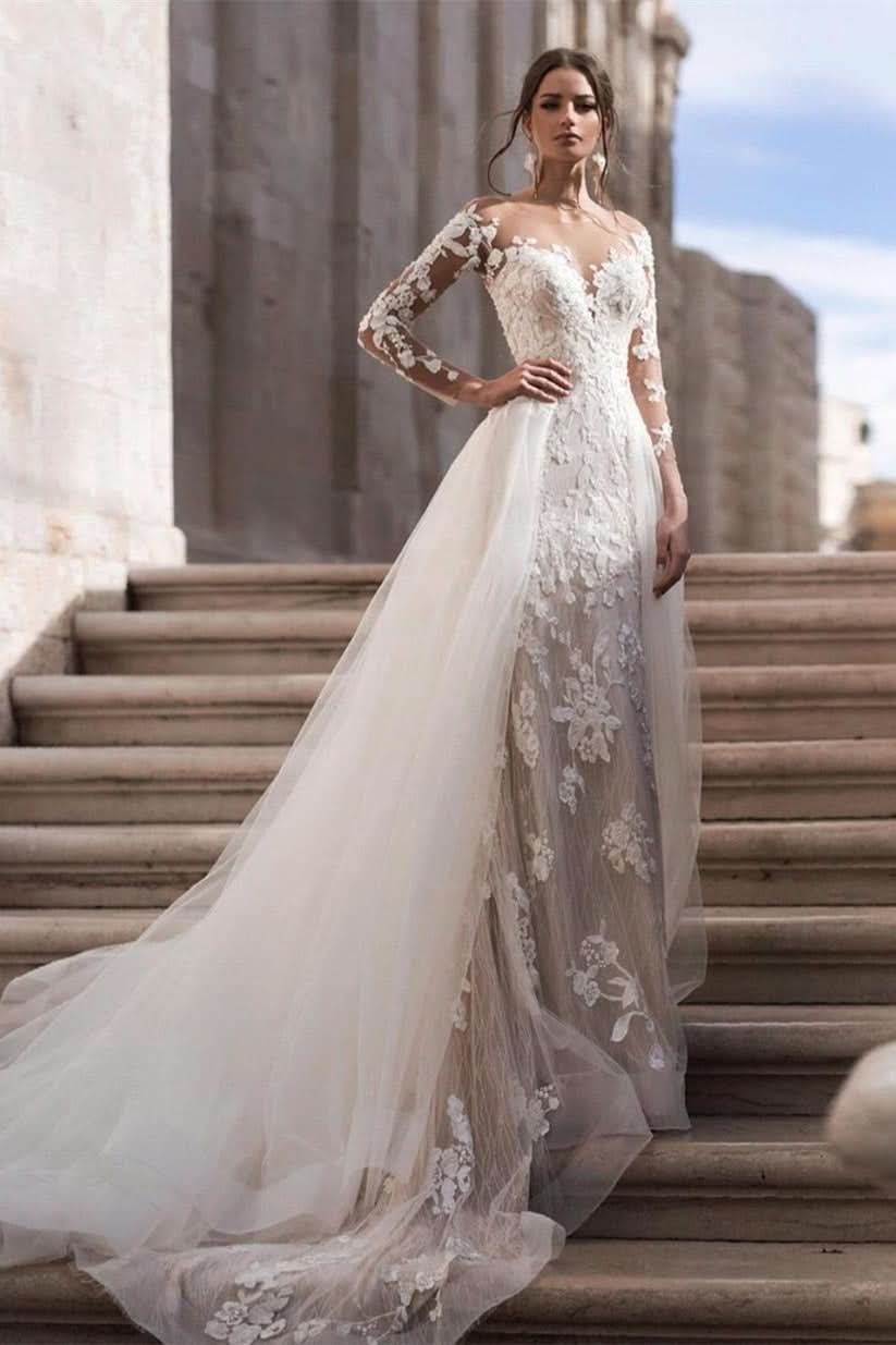 Elegant A-Line Lace Long Sleeves Wedding Dress With Detachable Train BM bride