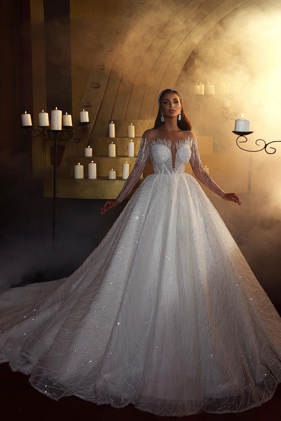 BMbride Elegant A-line Off-the-shoulder Long Sleeves V-neck Wedding Dress With Lace BMbride