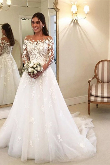 BMbride Elegant A Line Wedding Dresses With Sleeves Wedding dresses with lace BMbride