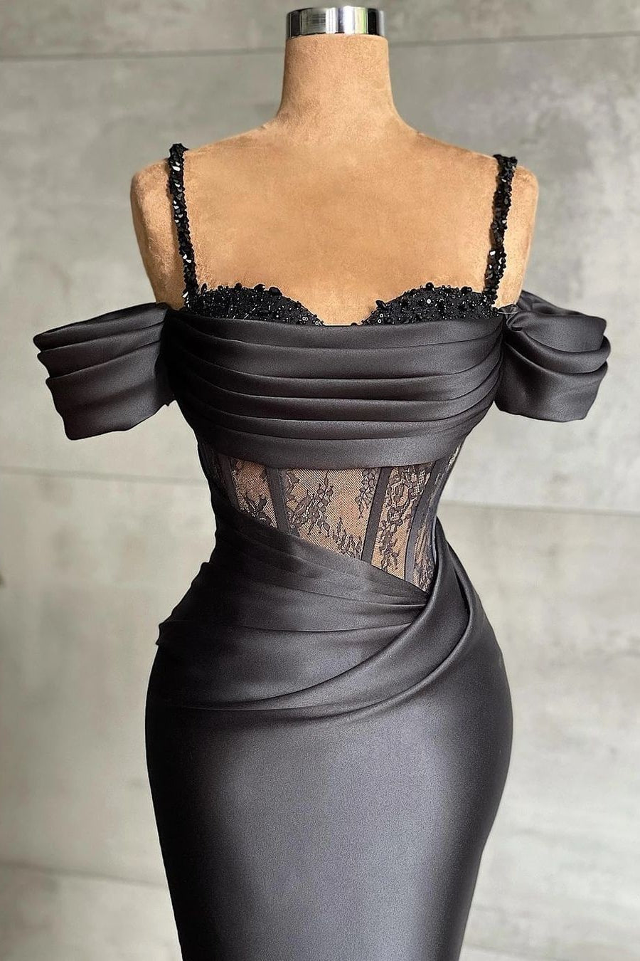 BMbride Elegant Black Off-the-shoulder Mermaid Prom Dress With Lace BMbride
