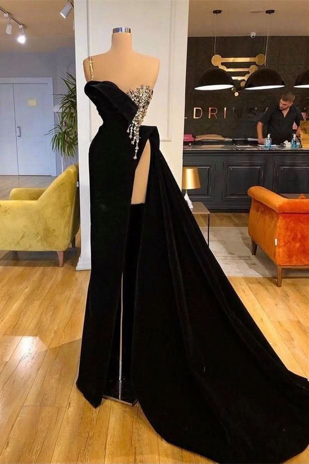 BMbride Elegant Black Split Front One Shoulder Prom Dress With Beading BMbride