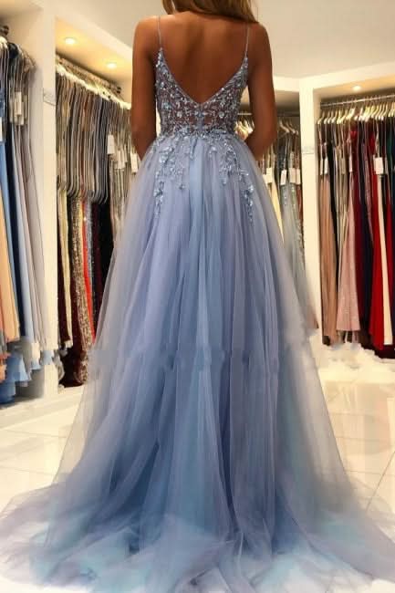 BMbride Elegant Blue Long Evening Dresses Beadings Prom Dresses With Slit BMbride