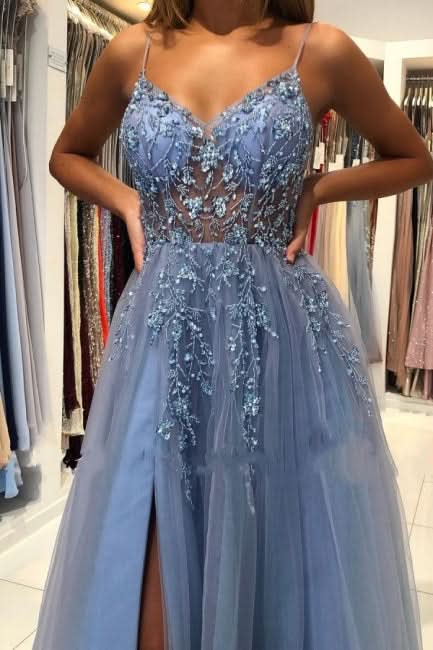 BMbride Elegant Blue Long Evening Dresses Beadings Prom Dresses With Slit BMbride