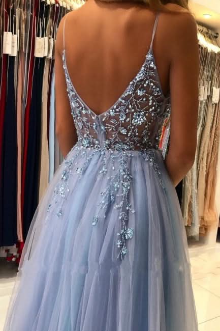 BMbride Elegant Blue Long Evening Dresses Beadings Prom Dresses With Slit BMbride