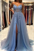 BMbride Elegant Blue Long Evening Dresses Beadings Prom Dresses With Slit BMbride