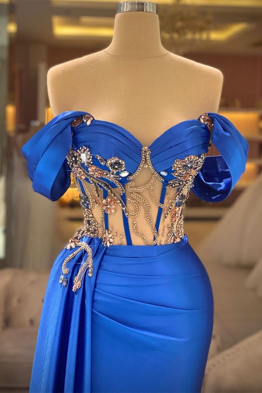 BMbride Elegant Blue Off-the-shoulder Sleeveless Beading Prom Dress With Slit BMbride