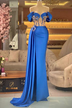 BMbride Elegant Blue Off-the-shoulder Sleeveless Beading Prom Dress With Slit BMbride