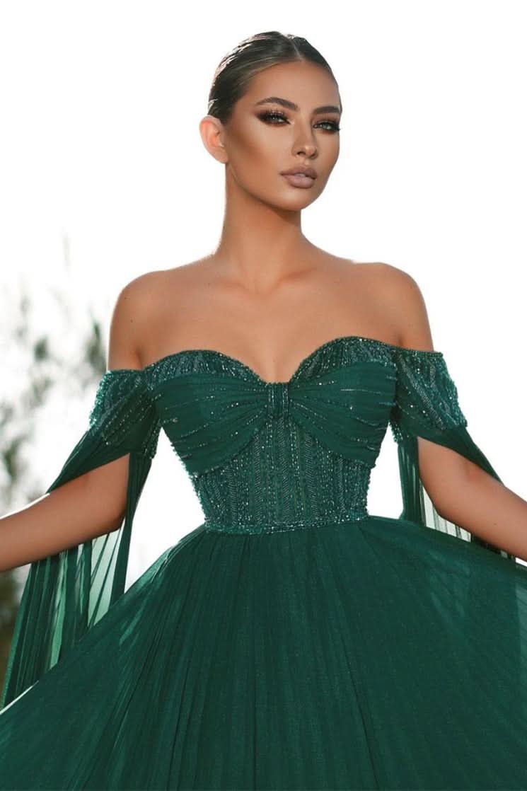 BMbride Elegant Dark Green Off-the-shoulder Sequined A-line Prom Dress BMbride