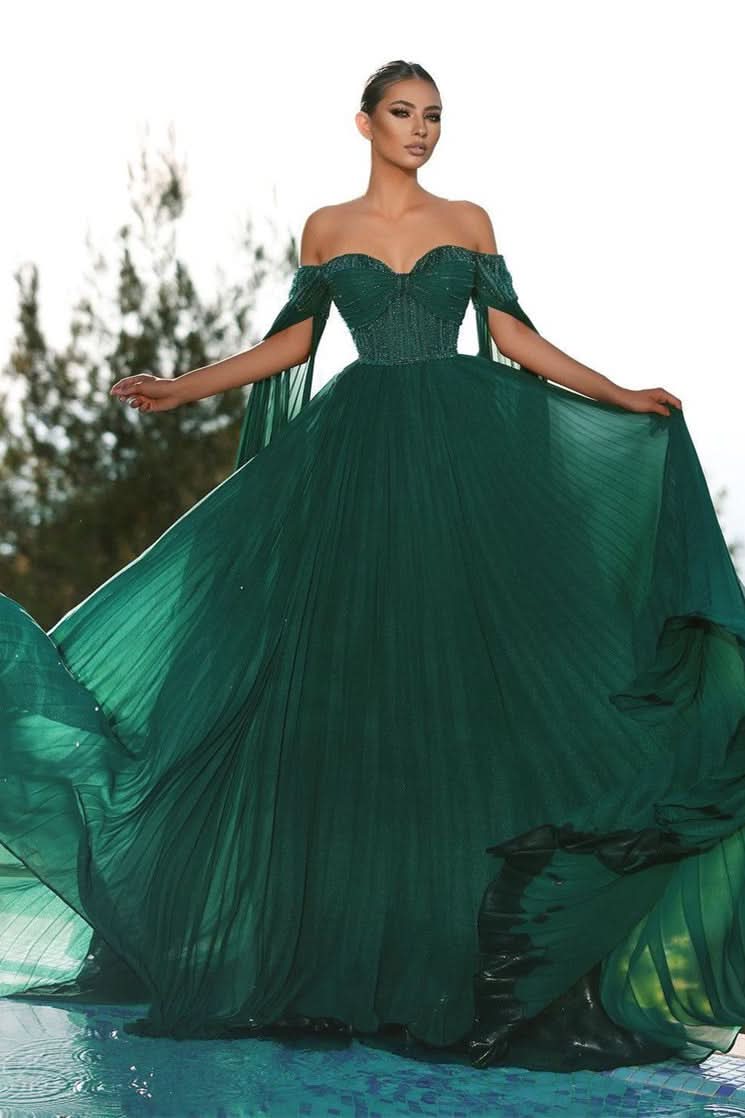 BMbride Elegant Dark Green Off-the-shoulder Sequined A-line Prom Dress BMbride