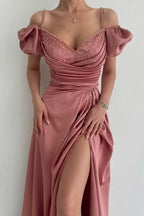 BMbride Elegant Dusty Rose Off-the-shoulder A-line Prom Dress With Slit BMbride