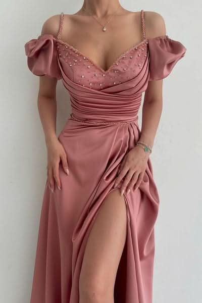 BMbride Elegant Dusty Rose Off-the-shoulder A-line Prom Dress With Slit BMbride