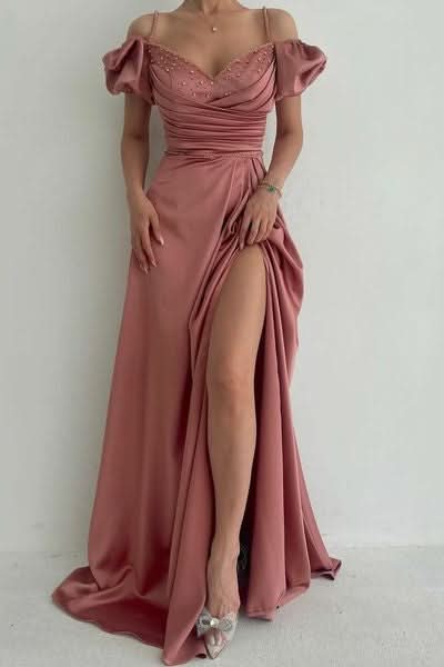 BMbride Elegant Dusty Rose Off-the-shoulder A-line Prom Dress With Slit BMbride
