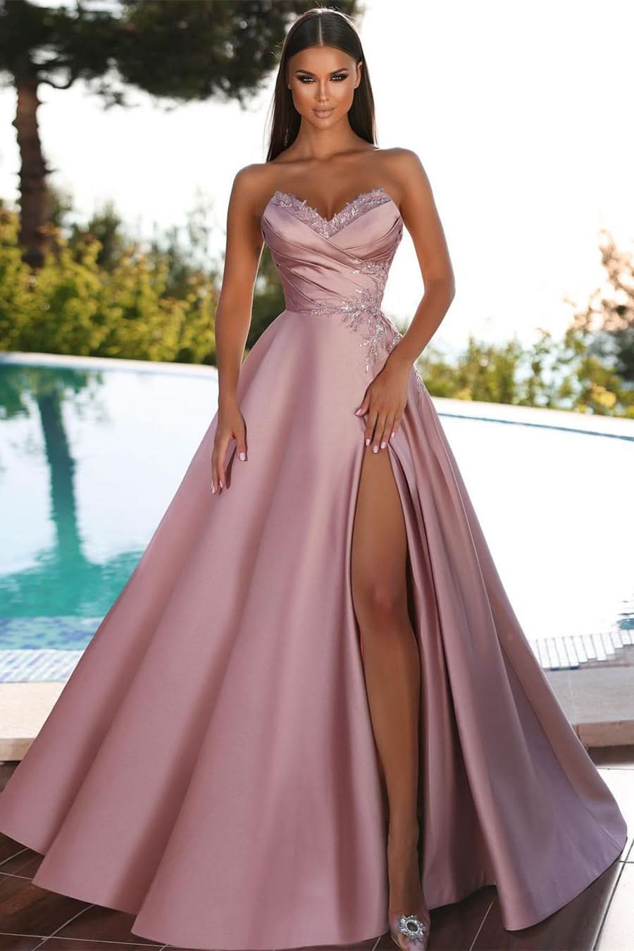 Elegant Dusty Rose Sweetheart Sleeveless Split A-line Prom Dress With Glitter for a Charming Look BM bride