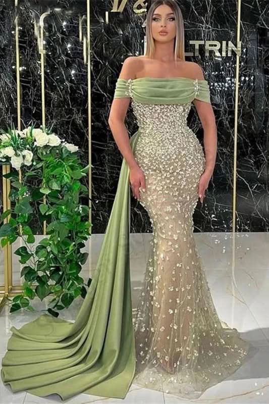 BMbride Elegant Dusty Sage Long Mermaid Off-the-shoulder Prom Dress With Lace BMbride