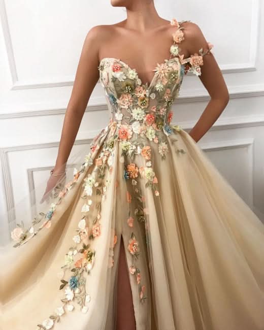 BMbride Elegant Evening Dress Long Sexy Sweetheart Front Slit Appliques Flowers Prom Dress BMbride
