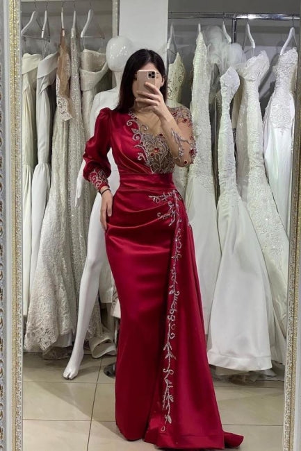 Elegant Evening Dresses Long Wine Red | Prom Dresses with Sleeves BM bride