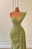 BMbride Elegant Green One-shoulder Sleeveless Mermaid Chiffon Prom Dresses with Beadings BMbride