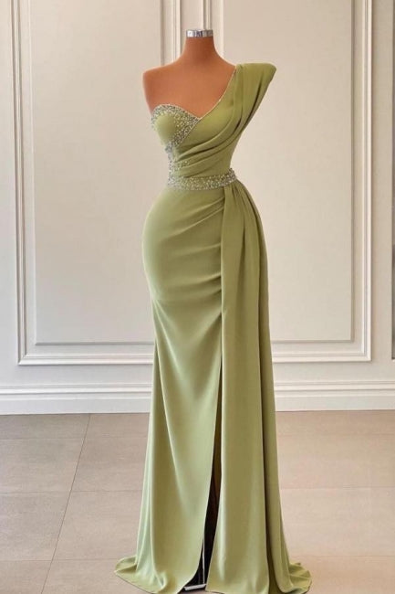 BMbride Elegant Green One-shoulder Sleeveless Mermaid Chiffon Prom Dresses with Beadings BMbride