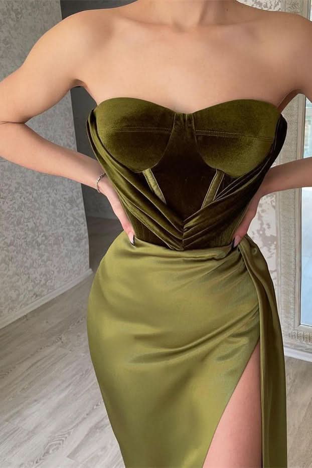 BMbride Elegant Green Strapless Sleeveless Mermaid Satin Prom Dresses with Slit BMbride