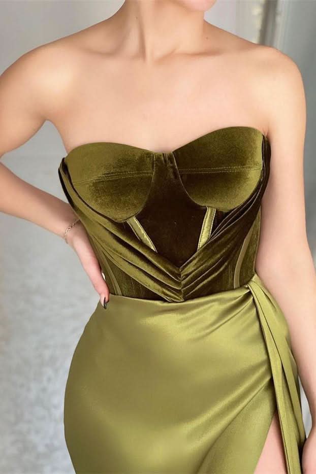 BMbride Elegant Green Strapless Sleeveless Mermaid Satin Prom Dresses with Slit BMbride