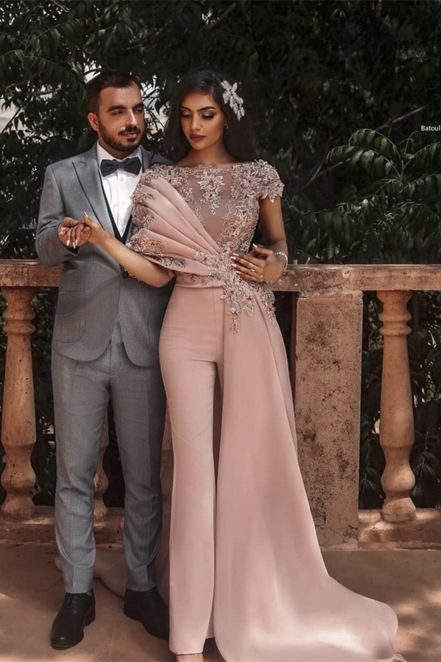 BMbride Elegant Lace Aplliques Short Sleeves Evening Jumpsuit With Train BMbride