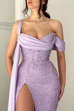 BMbride Elegant Lilac Long Glitter Off-the-shoulder Mermaid Evening Dresses With Slit BMbride