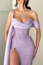 BMbride Elegant Lilac Long Glitter Off-the-shoulder Mermaid Evening Dresses With Slit BMbride