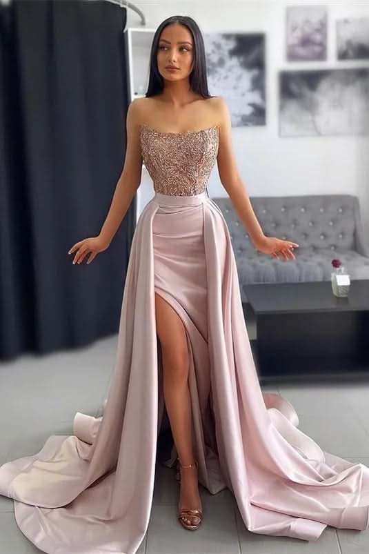 BMbride Elegant Long A-line Lace Sequined Sleeveless Prom Dress With Slit BMbride