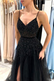BMbride Elegant Long Black A-line Sequined Lace Prom Dresses With Slit BMbride