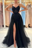 BMbride Elegant Long Black A-line Sequined Lace Prom Dresses With Slit BMbride