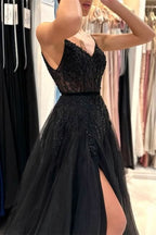 BMbride Elegant Long Black A-line Sequined Lace Prom Dresses With Slit BMbride