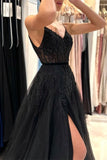 BMbride Elegant Long Black A-line Sequined Lace Prom Dresses With Slit BMbride