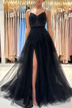 BMbride Elegant Long Black A-line Sequined Lace Prom Dresses With Slit BMbride
