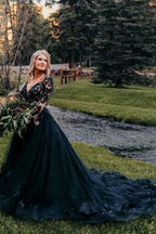 BMbride Elegant Long Black A-line V-neck Long Sleeves Wedding Dresses With Lace BMbride