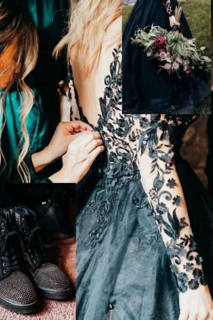 BMbride Elegant Long Black A-line V-neck Long Sleeves Wedding Dresses With Lace BMbride