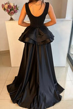 BMbride Elegant Long Black Evening Dresses Simple Drom Dresses With Detachable Train BMbride
