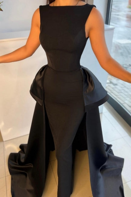 BMbride Elegant Long Black Evening Dresses Simple Drom Dresses With Detachable Train BMbride