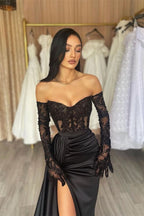 BMbride Elegant Long Black Off-the-shoulder Lace Mermaid Prom Dress With Slit BMbride