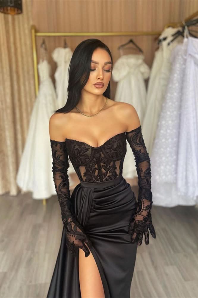 BMbride Elegant Long Black Off-the-shoulder Lace Mermaid Prom Dress With Slit BMbride