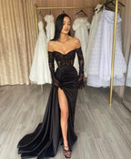BMbride Elegant Long Black Off-the-shoulder Lace Mermaid Prom Dress With Slit BMbride