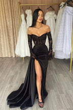 BMbride Elegant Long Black Off-the-shoulder Lace Mermaid Prom Dress With Slit BMbride