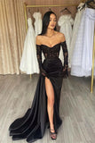 BMbride Elegant Long Black Off-the-shoulder Lace Mermaid Prom Dress With Slit BMbride