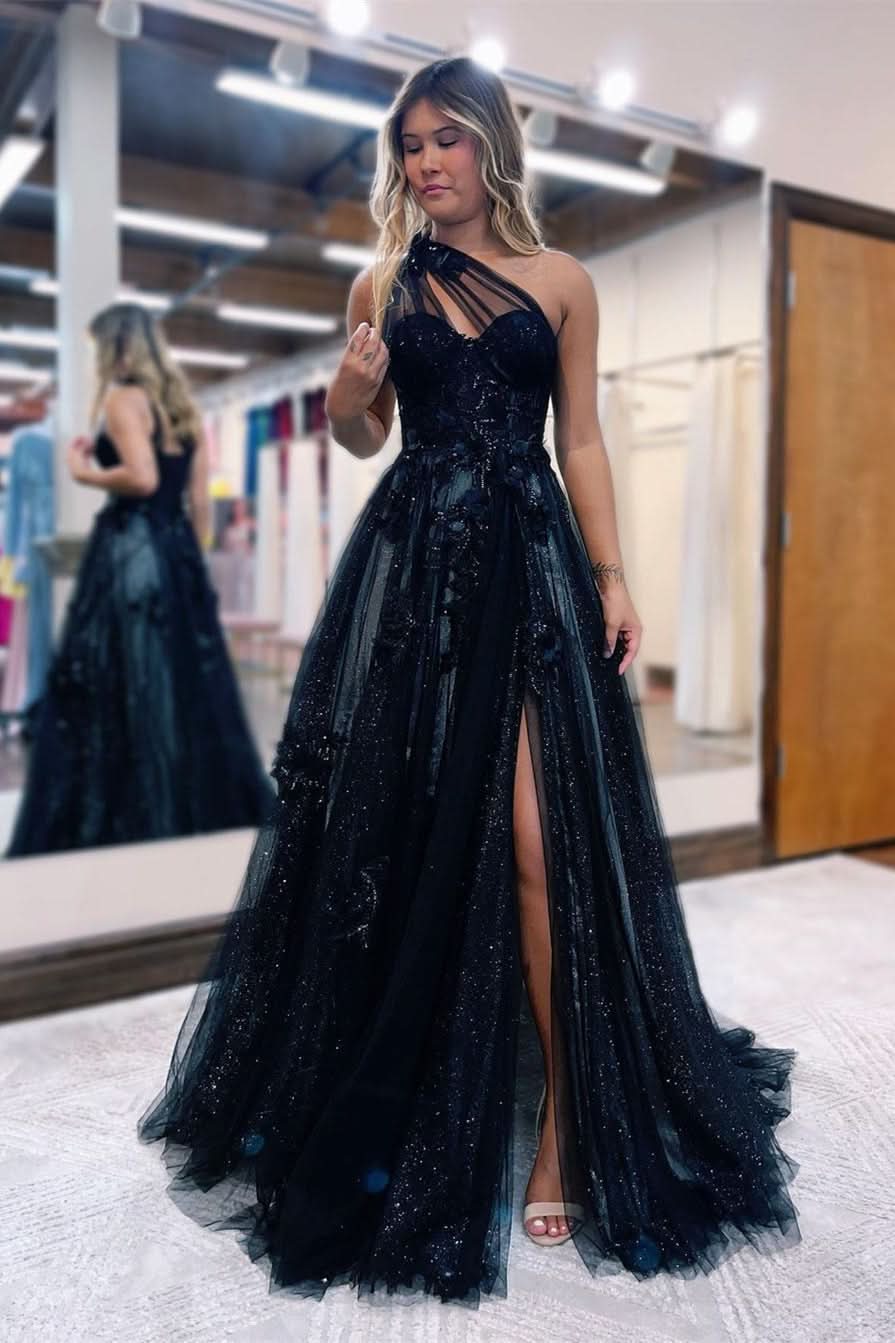 BMbride Elegant Long Black One Shoulder A-line Lace Prom Dress With Slit BMbride