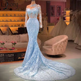 BMbride Elegant Long Blue Mermaid Long Sleeves Lace Prom Dress With Train BMbride